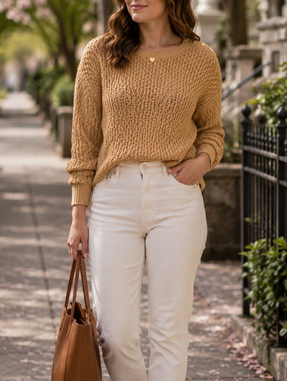 Talbots Neutral Cozy Knit Crewneck Sweater Button-Shoulder Textured Pullover